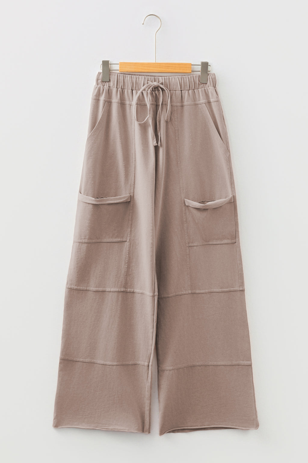 Smoke Gray Mineral Wash Exposed Seam Drawstring Elastic Waistband Wide Leg Cargo Pants