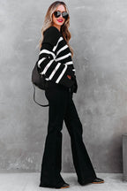 Black Caped V Neck Slit Sleeve Striped/Solid Sweater