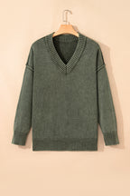 Four Leaf Clover Mineral Wash V Neck Knit Exposed Seam Drop Shoulder Loose Sweater