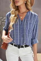 Blue Striped Print V Neck Half Buttons Loose Blouse