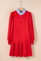 Fiery Red Contrast Striped Collar Patchwork Puff Sleeve Ruffle Hem Mini Dress