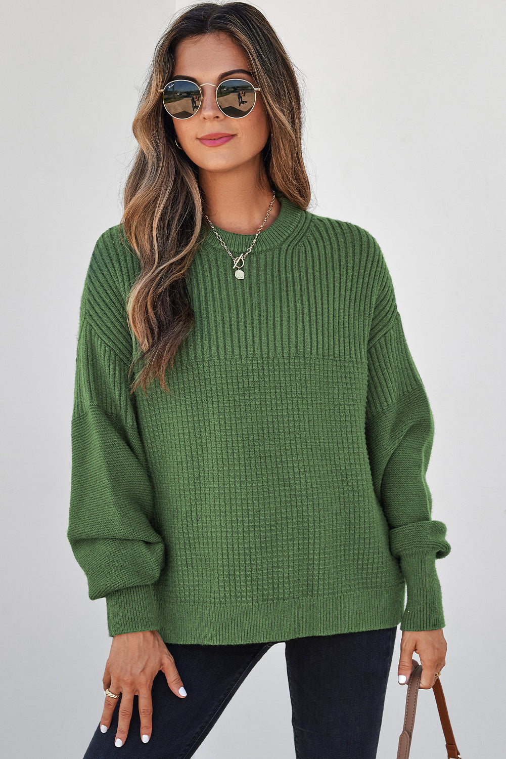 Vineyard Green Solid Color Mixed Textured Knitted Crew Neck Sweater