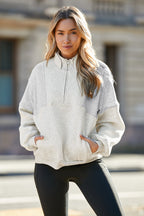 Apricot Half Zip Stand Collar Exposed Seam Solid Color Casual Sweatshirt