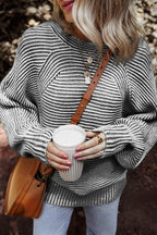 Medium Grey Striped Print Ribbed Knit Boat Neck Baggy Sweater