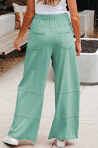 Smoke Gray Mineral Wash Exposed Seam Drawstring Elastic Waistband Wide Leg Cargo Pants