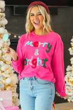 Rose Red Merry & Bright Christmas Letter Graphic Sweatshirt