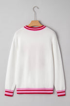 White Striped Trim Bow Graphic Round Neck Drop Shoulder Sweater