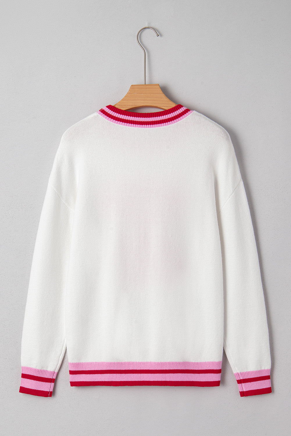 White Striped Trim Bow Graphic Round Neck Drop Shoulder Sweater