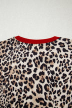 Brown Leopard Print Contrast Trim Round Neck Long Sleeve Top