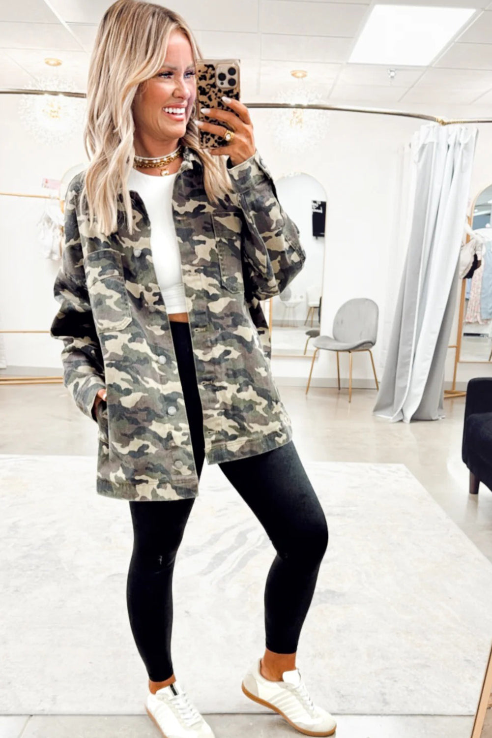 Green Camo Chest Pockets Loose Jean Jacket