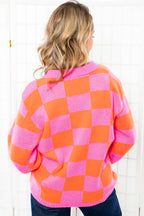 Sachet Pink Checkered Knit Polo Collar Baggy Sweater