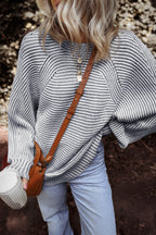 Medium Grey Striped Print Ribbed Knit Boat Neck Baggy Sweater