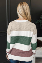 Green Mixed Texture Knit Striped Color Block Loose Sweater