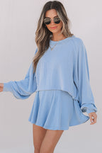 Jet Stream Corded Lantern Sleeve Top High Waist Ruffled Mini Skirt Set