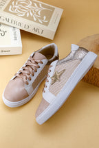 Dear Lover Gold Glitter Star Patchwork PU Leather Lace-up Sneakers