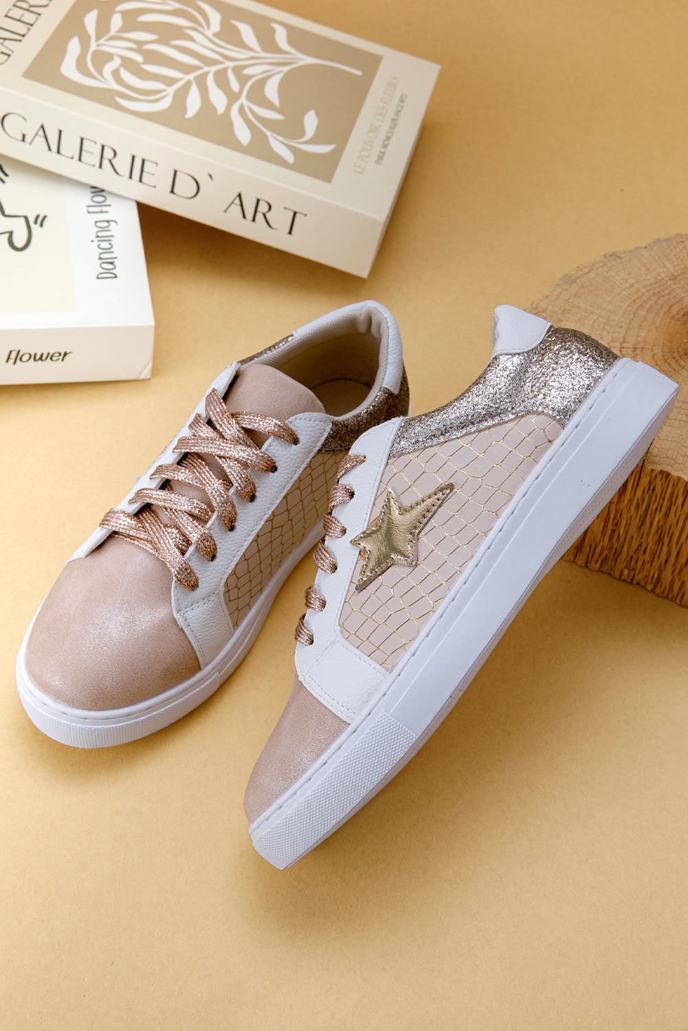 Dear Lover Gold Glitter Star Patchwork PU Leather Lace-up Sneakers