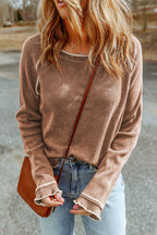 Smoke Gray Textured Round Neck Long Sleeve Top