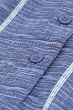 Blue Striped Print V Neck Half Buttons Loose Blouse