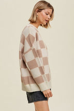 Grapefruit Orange Checkered Pattern Ribbed Trim Knit Baggy Sweater