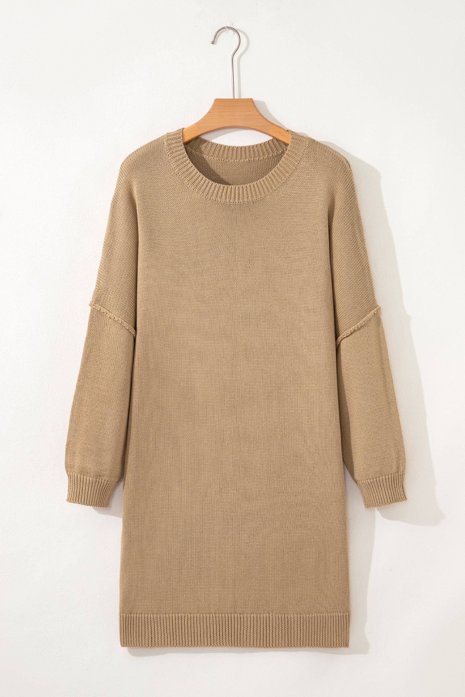 Pale Khaki Exposed Seam Drop Shoulder Oversize Sweater Mini Dress