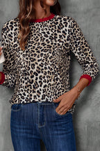 Brown Leopard Print Contrast Trim Round Neck Long Sleeve Top