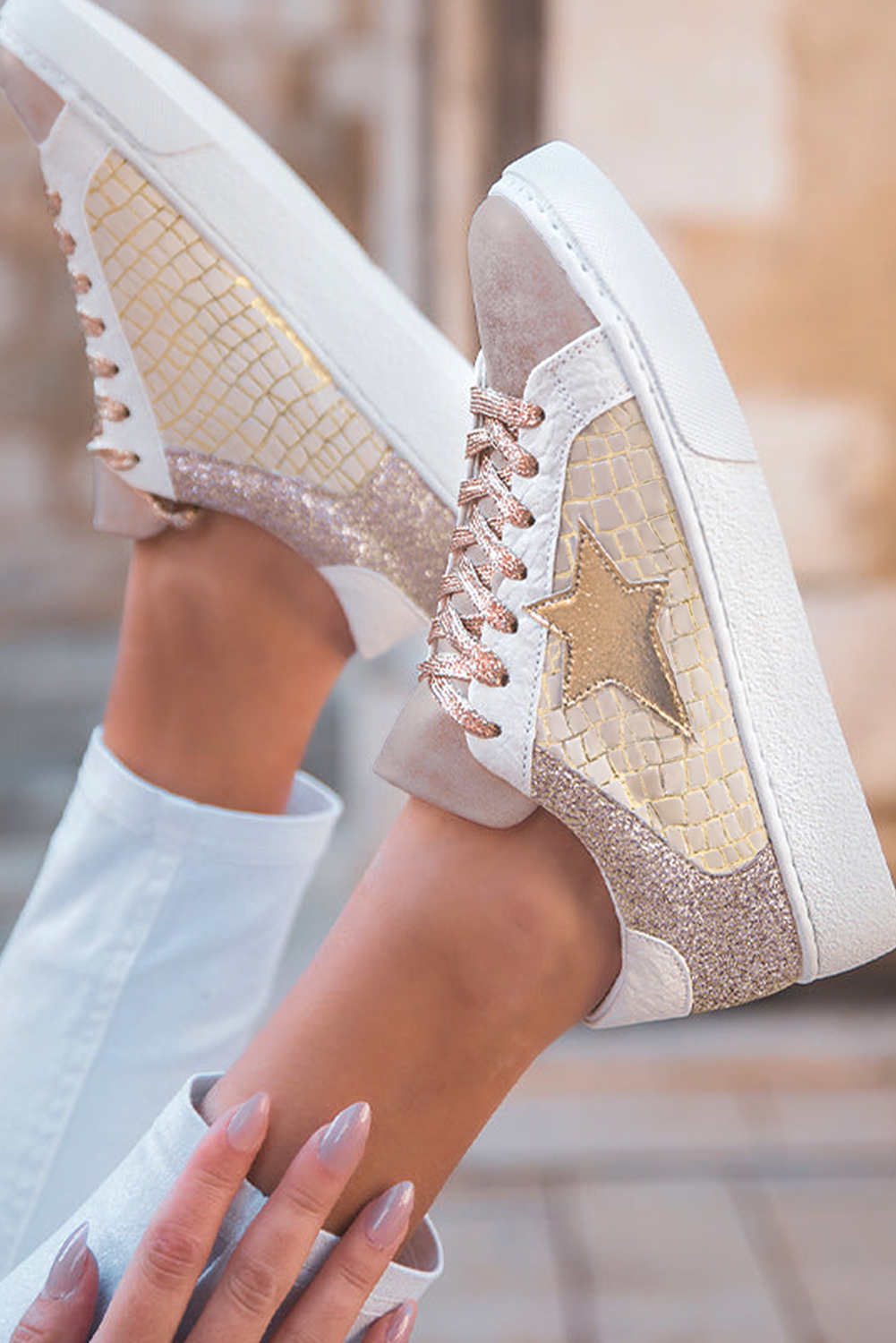 Dear Lover Gold Glitter Star Patchwork PU Leather Lace-up Sneakers