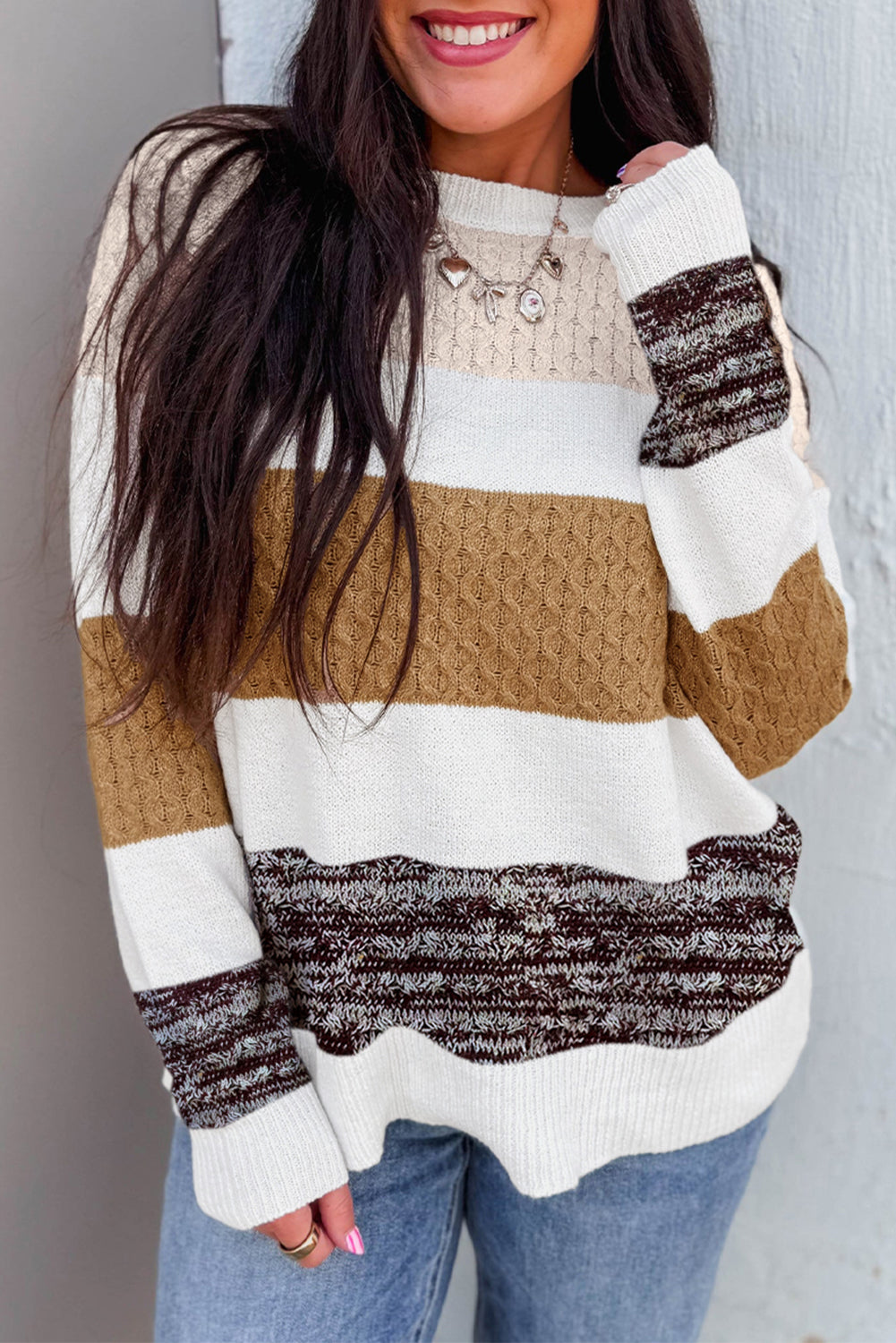 Green Mixed Texture Knit Striped Color Block Loose Sweater