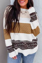 Green Mixed Texture Knit Striped Color Block Loose Sweater