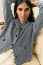 Medium Grey Chunky Buttoned Front Round Neck Cardigan Sweater