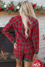 Green Plaid Contrast Patched Christmas Holiday Long Sleeve Shirt and Short 2pcs Pajama Set
