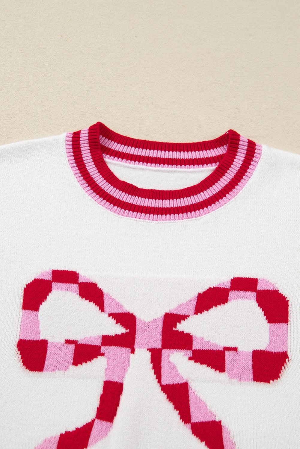 White Striped Trim Bow Graphic Round Neck Drop Shoulder Sweater