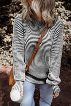 Medium Grey Striped Print Ribbed Knit Boat Neck Baggy Sweater