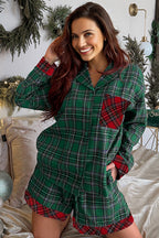 Green Plaid Contrast Patched Christmas Holiday Long Sleeve Shirt and Short 2pcs Pajama Set