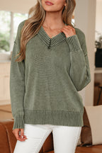Four Leaf Clover Mineral Wash V Neck Knit Exposed Seam Drop Shoulder Loose Sweater