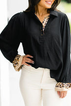 Black Contrast Leopard Print Patchwork Polo Collar Buttons Front Ruffled Long Sleeve Blouse