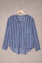 Blue Striped Print V Neck Half Buttons Loose Blouse