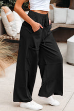 Smoke Gray Mineral Wash Exposed Seam Drawstring Elastic Waistband Wide Leg Cargo Pants