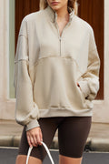 Apricot Half Zip Stand Collar Exposed Seam Solid Color Casual Sweatshirt
