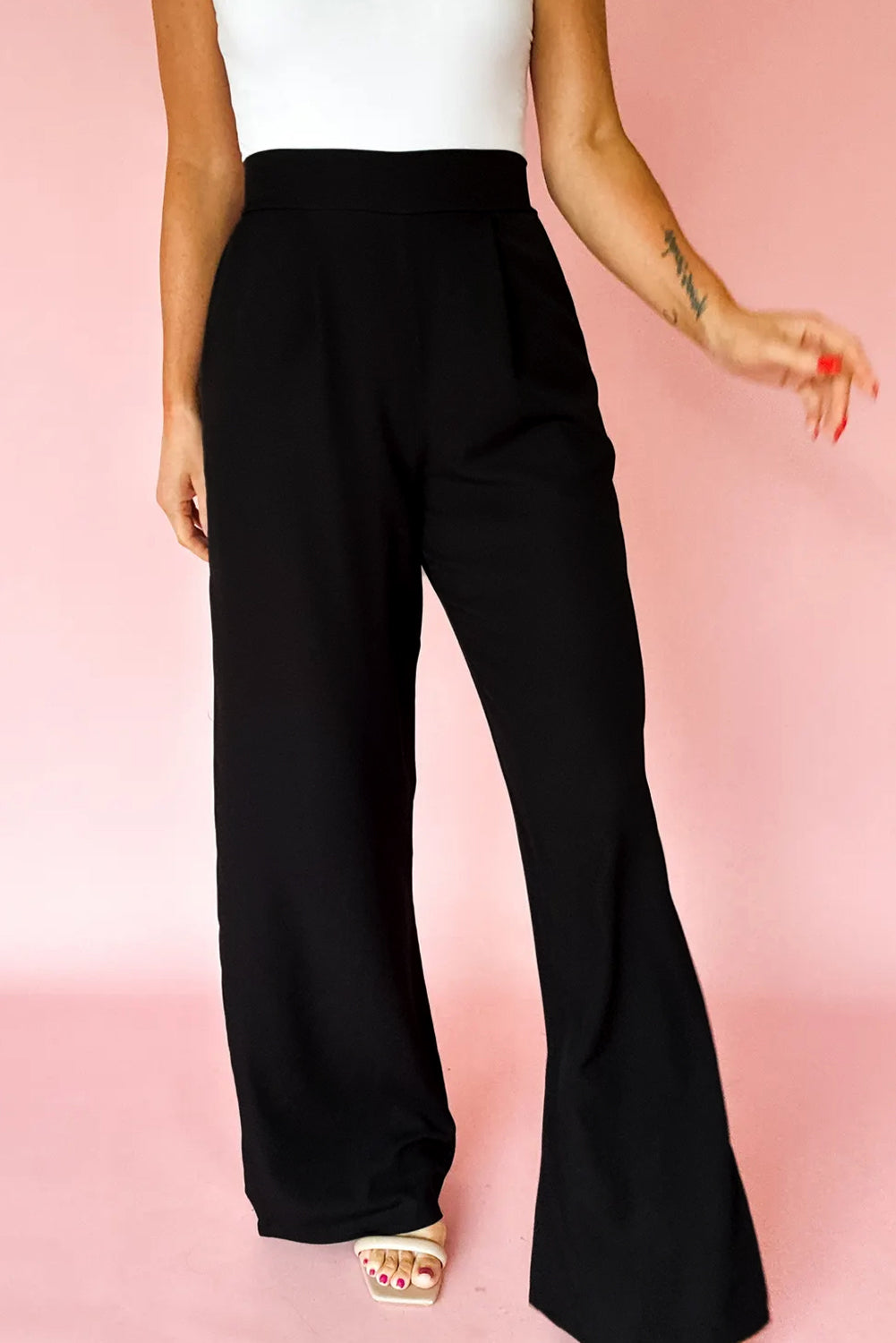Fiery Red Pleated Detail Pull On High Elastic Waist Loose Straight Pants