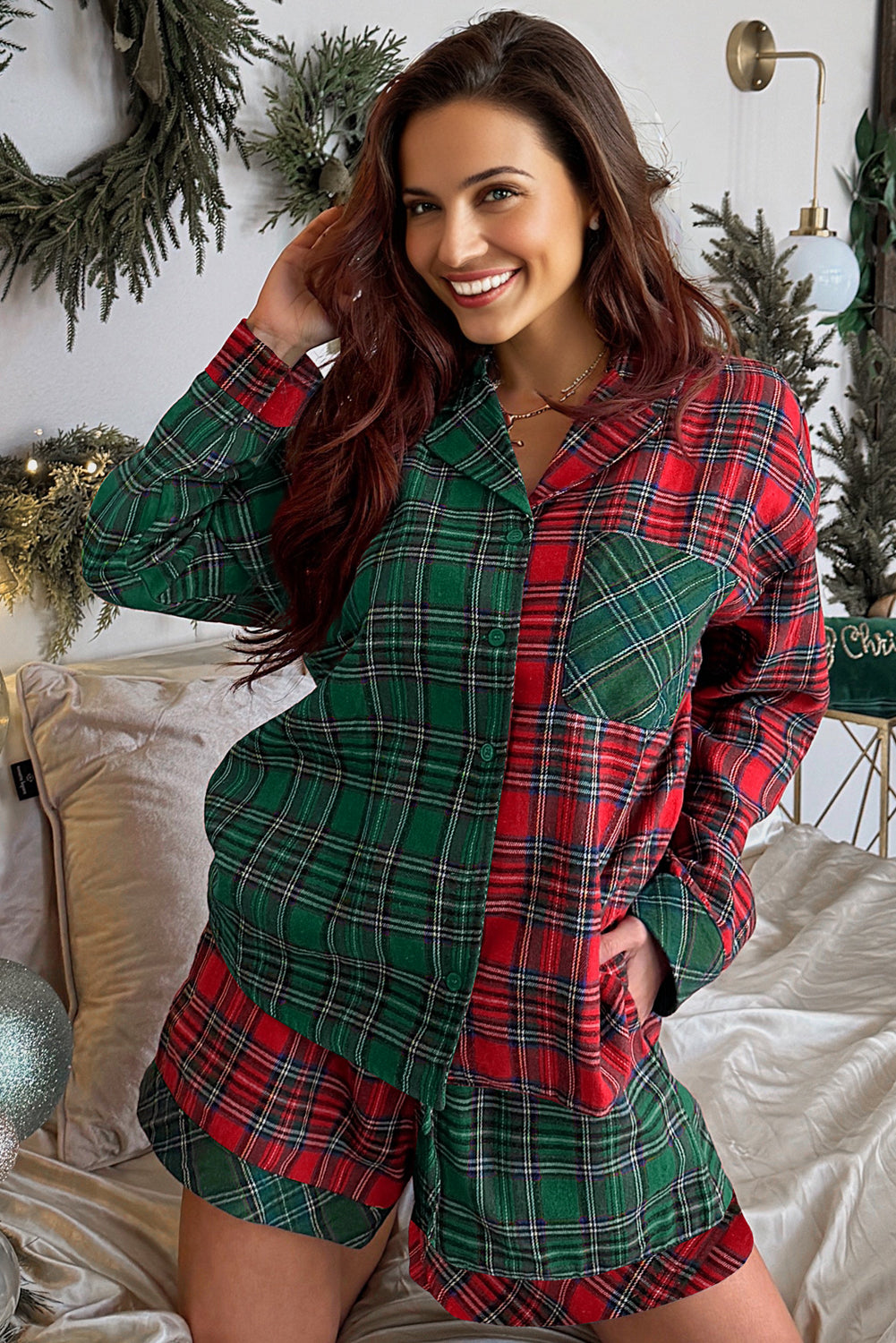 Green Plaid Contrast Patched Christmas Holiday Long Sleeve Shirt and Short 2pcs Pajama Set