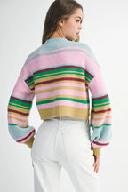 Multicolour Striped Knit Ribbed Trim Boxy Fit Cropped Sweater