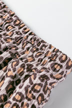 Khaki Leopard Ribbed Long Sleeve Top Drawstring Shorts 2pcs Outfit