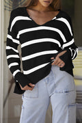 Black Caped V Neck Slit Sleeve Striped/Solid Sweater