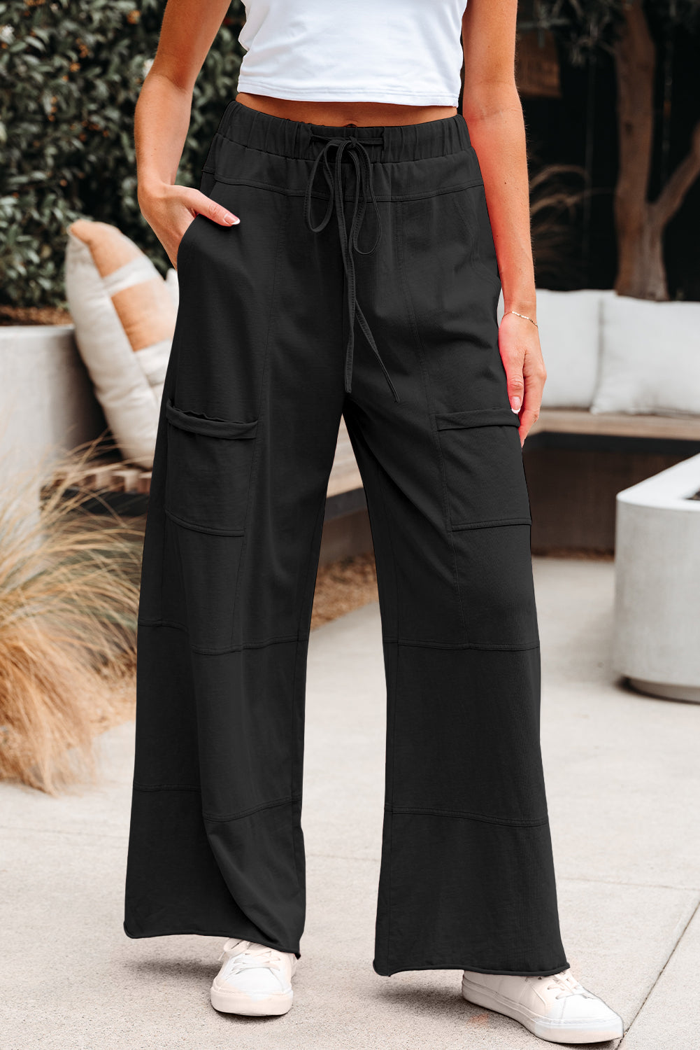 Smoke Gray Mineral Wash Exposed Seam Drawstring Elastic Waistband Wide Leg Cargo Pants