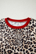 Brown Leopard Print Contrast Trim Round Neck Long Sleeve Top