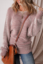 Medium Grey Striped Print Ribbed Knit Boat Neck Baggy Sweater