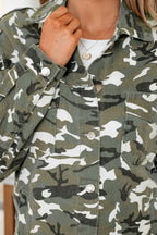 Green Camo Chest Pockets Loose Jean Jacket