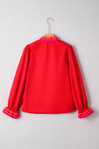Fiery Red Striped Trim Ruffle Split Neck Long Sleeve Blouse