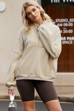 Apricot Half Zip Stand Collar Exposed Seam Solid Color Casual Sweatshirt
