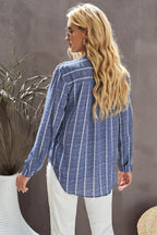 Blue Striped Print V Neck Half Buttons Loose Blouse